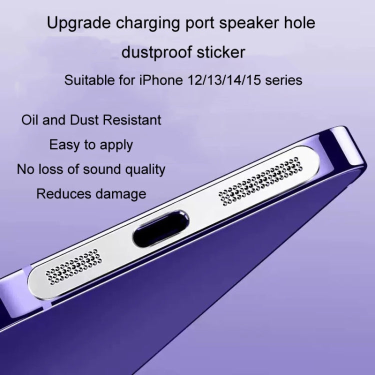 2pcs /Set For IPhone 12 / 13 / 14 / 15 Series Speaker Plating Metal Dust-Proof Mesh Charging Port Protective Film Dust Sticker