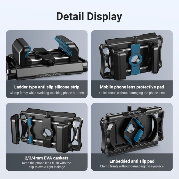 APEXEL F002X Universal Phone Adapter for Monoculars Binoculars Smartphone Holder Clip