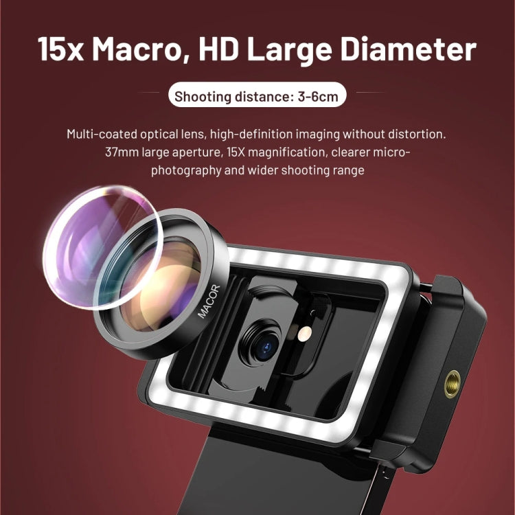 APEXEL 15X  Macro Lens With LED Fill Light Phone Holder Clamp