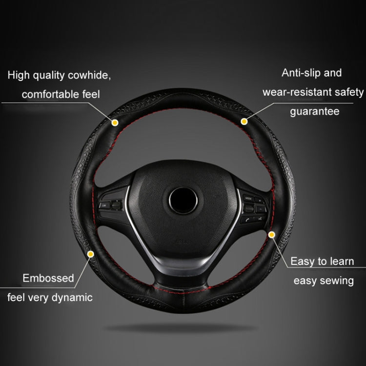 Four-Season Embossed Hand-Sewn Cowhide Steering Wheel Cover, 38cm