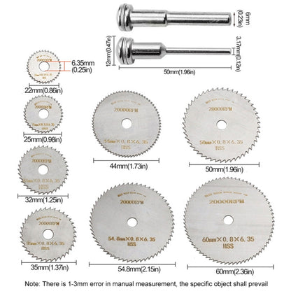 10pcs /Set High-Speed Steel Cutting Blade Multi-Size Cutting Wood PVC Electric Grinder Saw Blade Tool With 3.17mm+6mm Pole