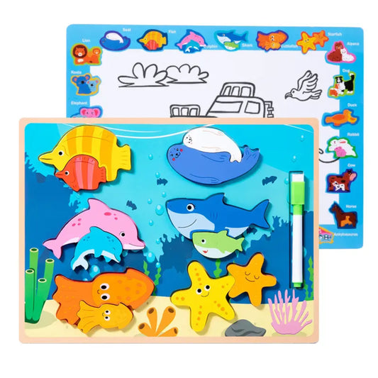 Sea Creatures Wooden Puzzle and Drawing board - Double Sided