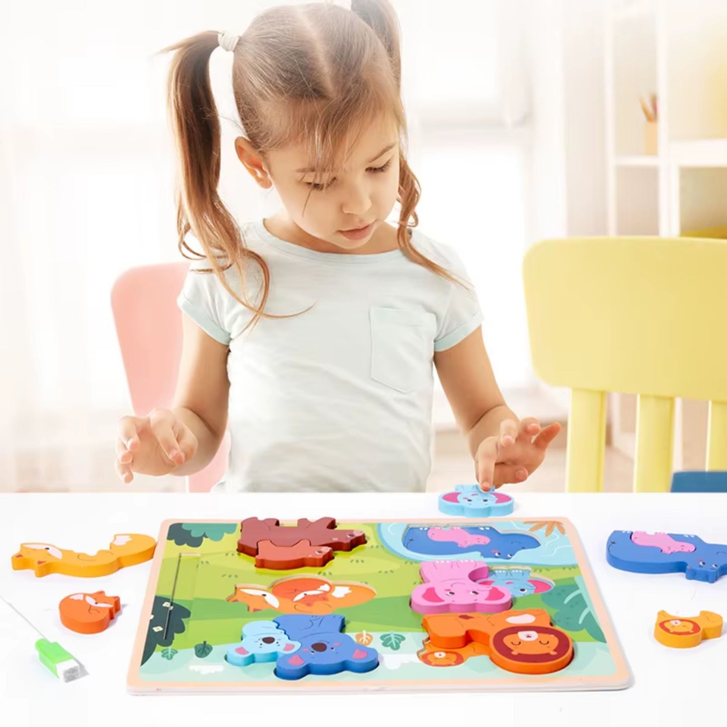 Sea Creatures Wooden Puzzle and Drawing board - Double Sided